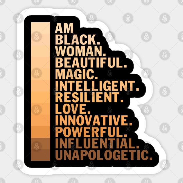 I am a black woman, beautiful and unapologetic, Black Girl Magic Sticker by UrbanLifeApparel